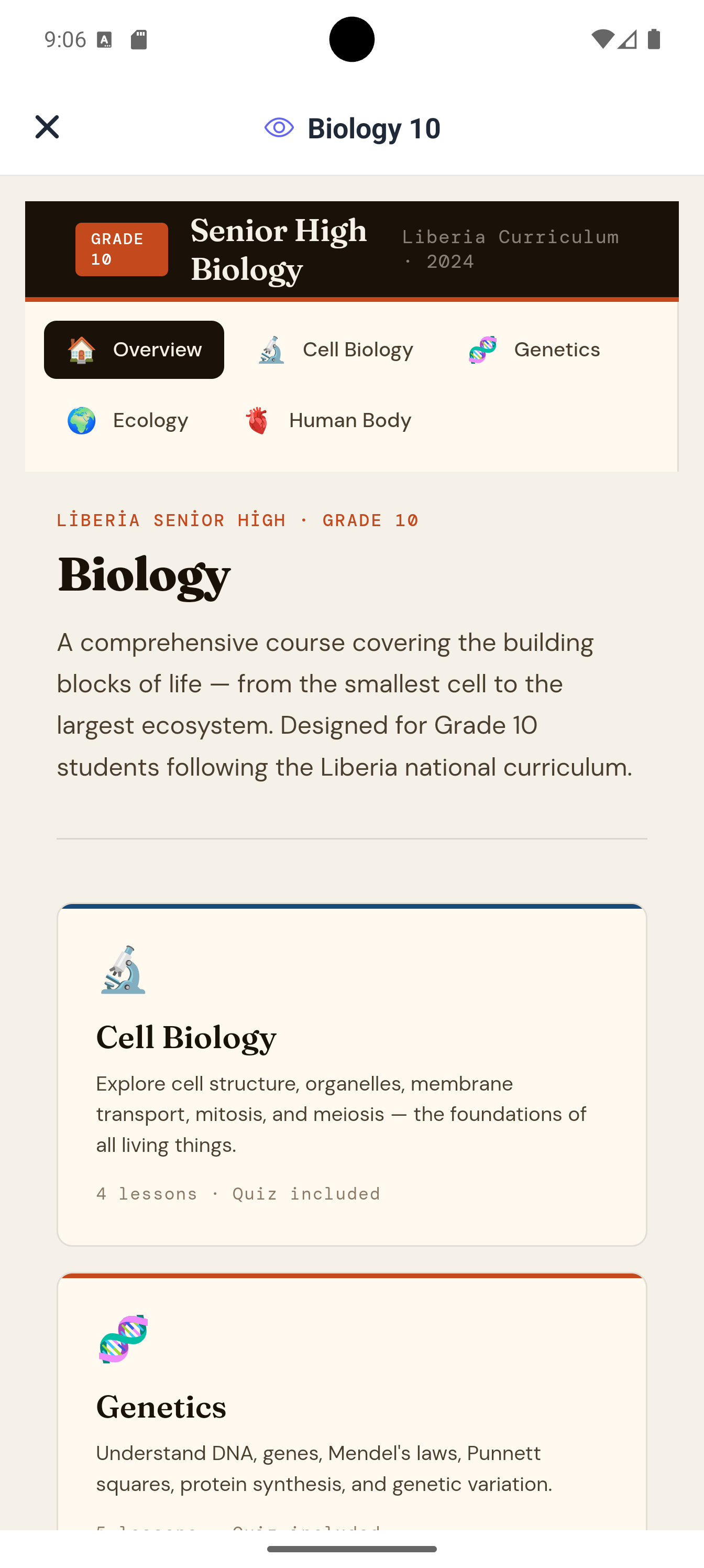 Grade 10 Biology curriculum study app built with Neyse