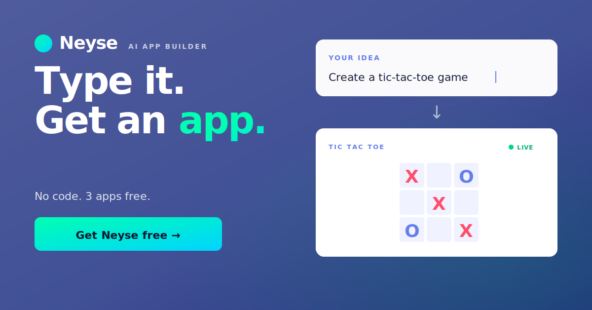 Neyse AI app builder demo  typing 'Create a tic-tac-toe game' generates a live, playable tic-tac-toe app instantly
