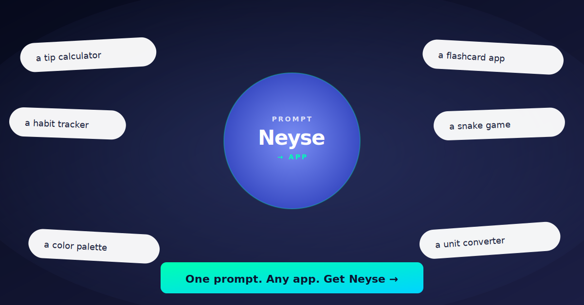 One prompt, any app  Neyse generates tip calculators, snake games, habit trackers, flashcards, color palettes and unit converters