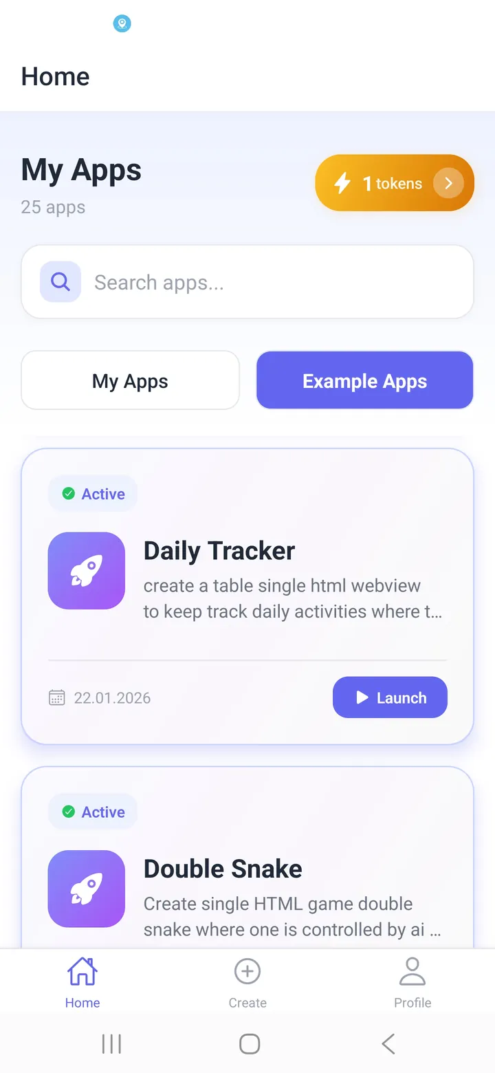 Neyse home tab showing a Daily Tracker habit app and a Double Snake game