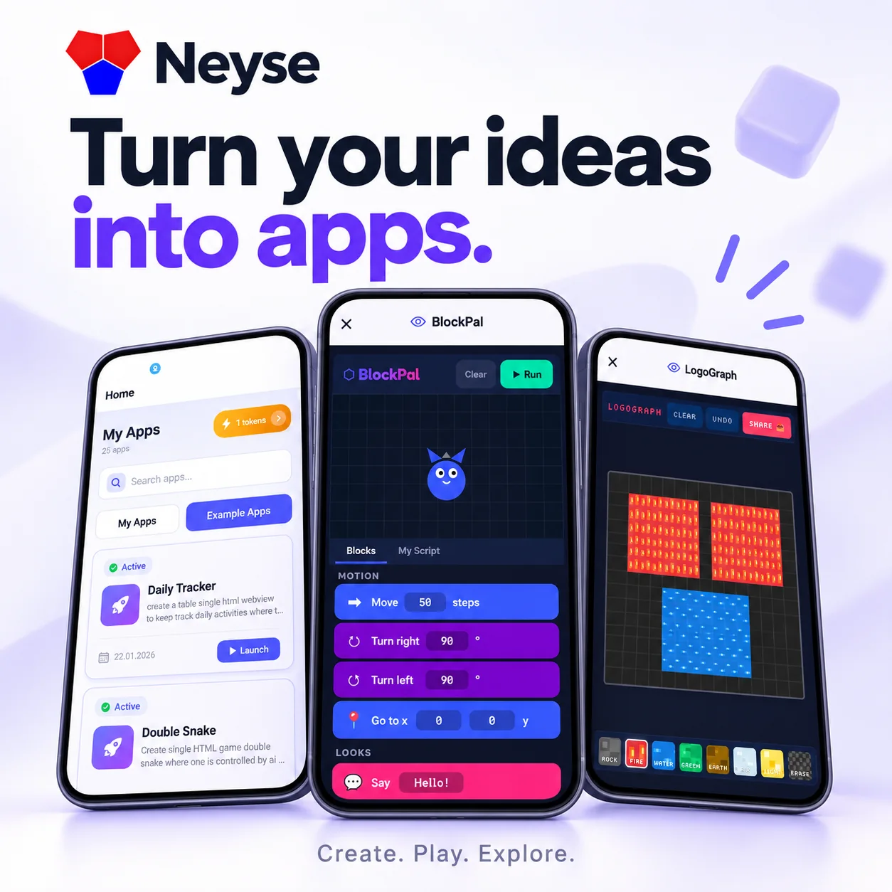 Neyse: turn your ideas into apps. Three phones showing the My Apps library, the BlockPal block coding app and the LogoGraph pixel-art editor